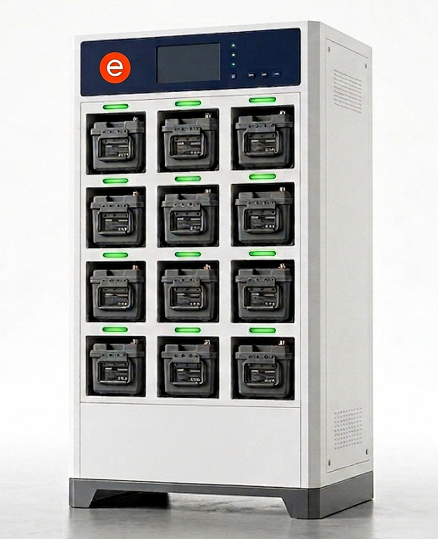 Cabinet with doors removed, 12 batteries visible